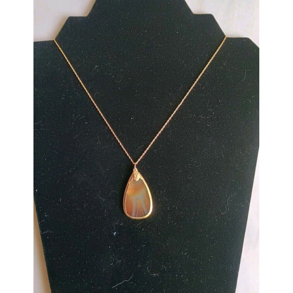 VTG Natural Banded Agate Slice Necklace 14k Gold Filled Stone Pendant Raw Quartz - Picture 8 of 8